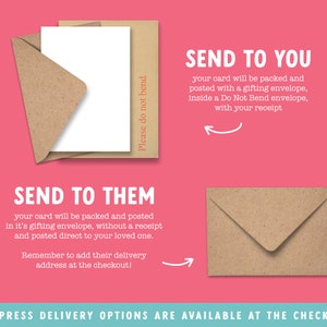 Pode incluir: Um gr&aacute;fico mostrando dois envelopes marrons com o texto "Enviar para voc&ecirc;" e "Enviar para eles" com instru&ccedil;&otilde;es sobre como enviar um cart&atilde;o para um destinat&aacute;rio. O texto tamb&eacute;m inclui "Por favor, n&atilde;o dobre" e "Op&ccedil;&otilde;es de entrega expressa dispon&iacute;veis no checkout!"