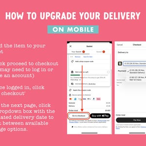 May include: A mobile phone screen showing a checkout page for an online store. The screen shows a dropdown menu with different delivery options and prices. The options include standard delivery, standard delivery with a specific date, and Royal Mail 1st Class. The user can select the desired delivery option and proceed to checkout.