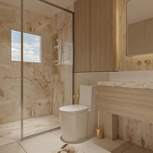 May include: A contemporary bathroom featuring a glass shower enclosure, a white toilet, and a wooden vanity unit. The walls and floor are tiled with a light beige marble effect. Gold fixtures and beige slippers add to the luxurious feel.