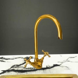 Grifo de cocina de latón, grifo de baño, grifo de tocador, grifo de latón sin lacar con manijas de una sola cruz
