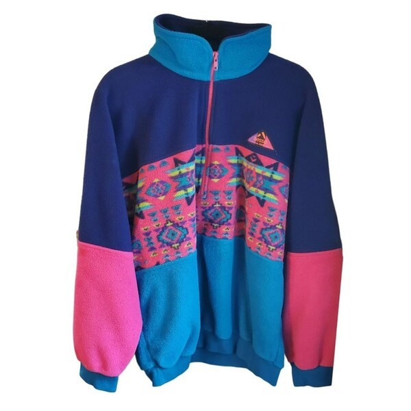 Vintage Y2K Aesse Technical Equipment Polarlite 2 Pull Over Fleece Size Large Zipper Neon Tribal