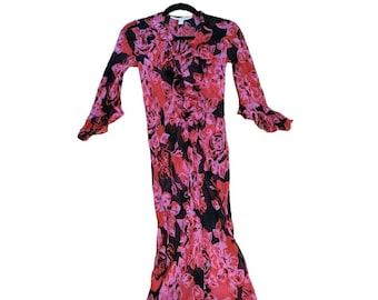 Vintage Diane Von Furstenberg Women&#39;s Pink Red Floral Sheer Legolas Dress Style D304504S 100% Silk