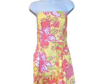 Lilly Pulitzer Women's Yellow Pink Blossom Starfruit Strapless Dress Size 8