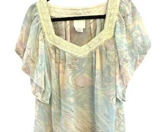 Anna Sui Anthropologie Women's Watercolor Suminagashi 100% Silk Blouse Size Small
