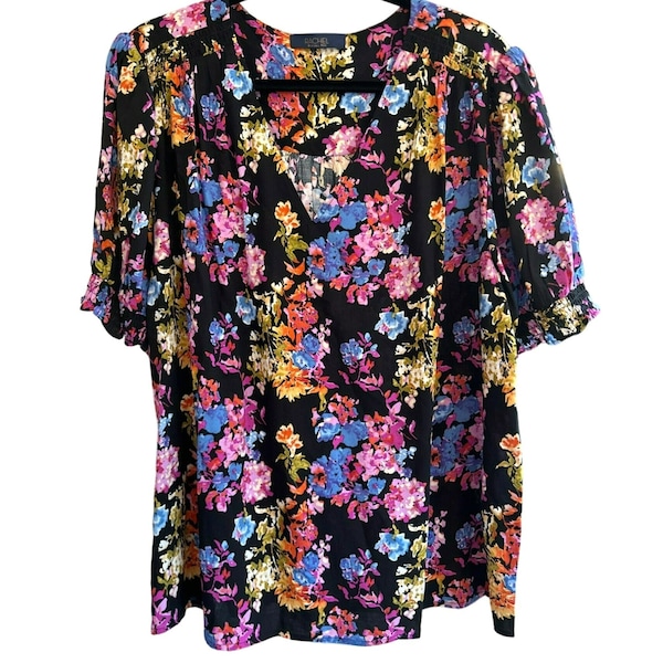 Rachel Roy Women's Brightly Colored Floral Short Sleeve V Neck Blouse