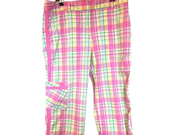 Pantalon court Lilly Pulitzer femme rose jaune taille 6 Vignoble à carreaux d'été preppy
