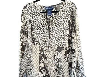 Susan Graver Style Women's Black White Sheet Patchwork Floral Blouse Size 1X Sheer