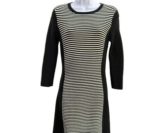 black and white striped sweater dress long sleeve White-Black Striped Knit Collared Long Sleeve Sweater Dress