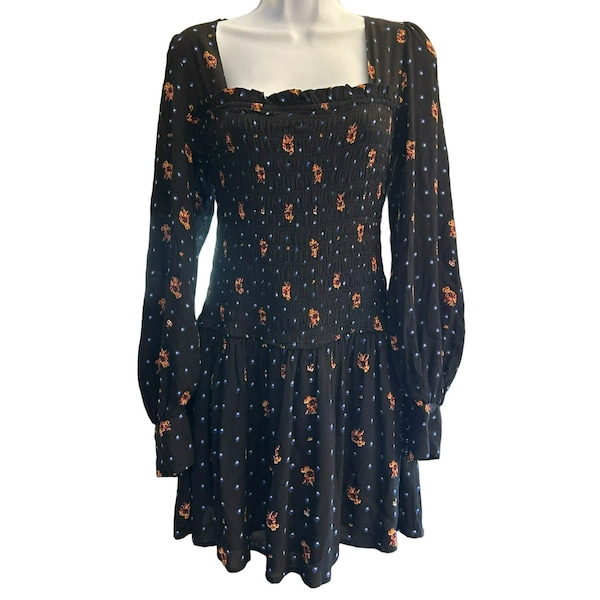 Free People Women's Black Floral Smocked Two Faces Mini Dress Size Small Long Sleeve