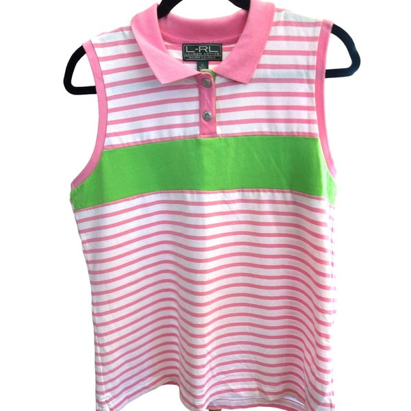 Lauren Ralph Lauren Women's Pink Green Preppy Sleeveless Knit Top Size XL Striped