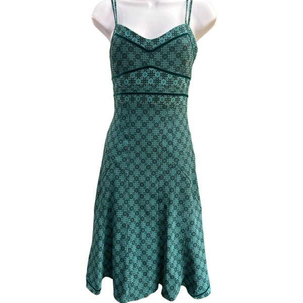 Karen Millen Women's Green Floral Fitted Dress Size 4 Spaghetti Straps Velvet Trim Holiday Dress