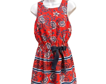 Eliza J Anthropologie Women's Blue Floral Sleeveless Dress Size 4P Nautical Red White