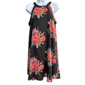 Betsey Johnson Women&#39;s Black Floral Chiffon Dress Size 8 Sleeveless Knee Length Red Flower