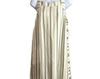 Akemi and Kin Anthropologie Women's Cream Navy Blue Side Button Dress Size 6 Frayed Hem