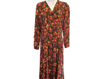 Vintage Express Women's Black Floral Button Front Midi Dress Size 7/8 Y2K Campagnie International