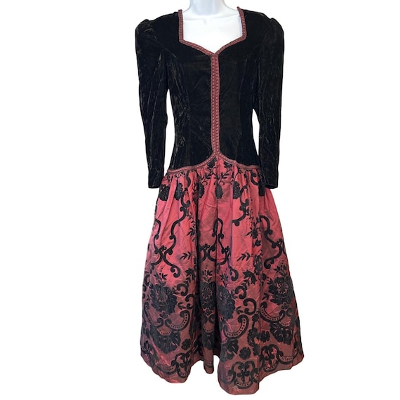 80s Scott McClintock Velvet Taffeta Holiday Dress Whimsigoth Baroque Dark Floral