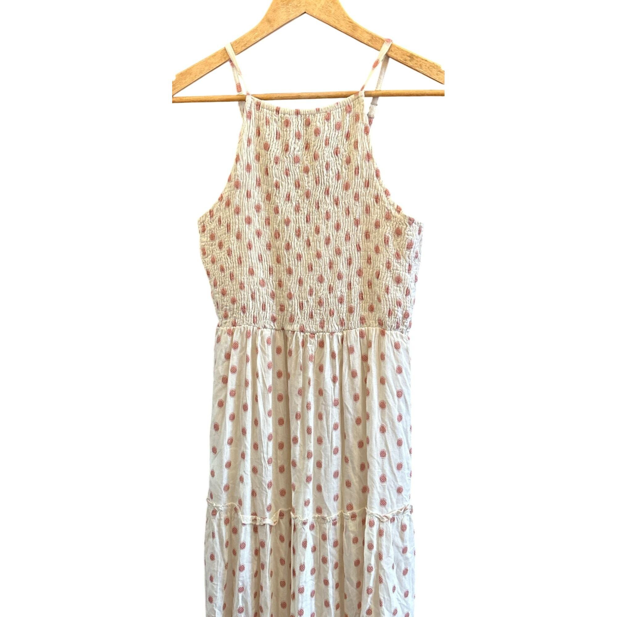 Sim & Sam Women's Cream Pink Polka Dot Tiered Midi Dress Smocked Back Summer