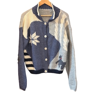 Vintage handgestrickter Cardigan im maritimen Schnauzer-Stil, Grandmacore Patchwork