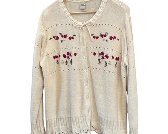 Vintage Hong Kong Floral Knit Cardigan Cottagecore Cream Embroidered 2X Boho