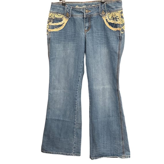 Y2K Vanilla Star Lace Pocket Bootcut Jeans Low Rise Flare Denim 