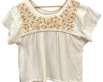 Vintage Unbranded Embroidered Blouse Boho Cottagecore White Tan Cotton Gauze Top