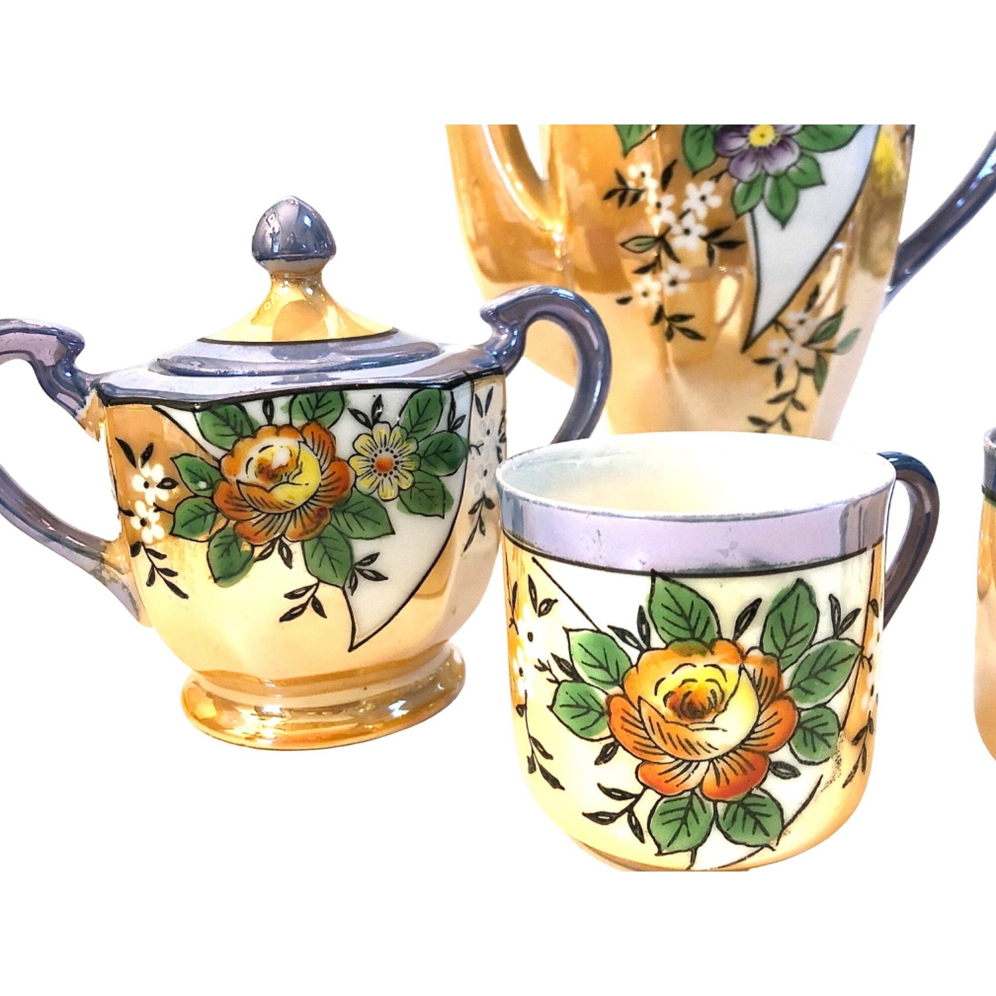 Lucerna Tea Set Vintage Peach Floral Lusterware Tea Set Teapot Creamer Sugar Teacups ...