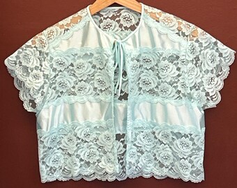Vtg ILGWU Lace Bed Jacket Shrug Coquette Balletcore Light Blue Cropped Tie Front
