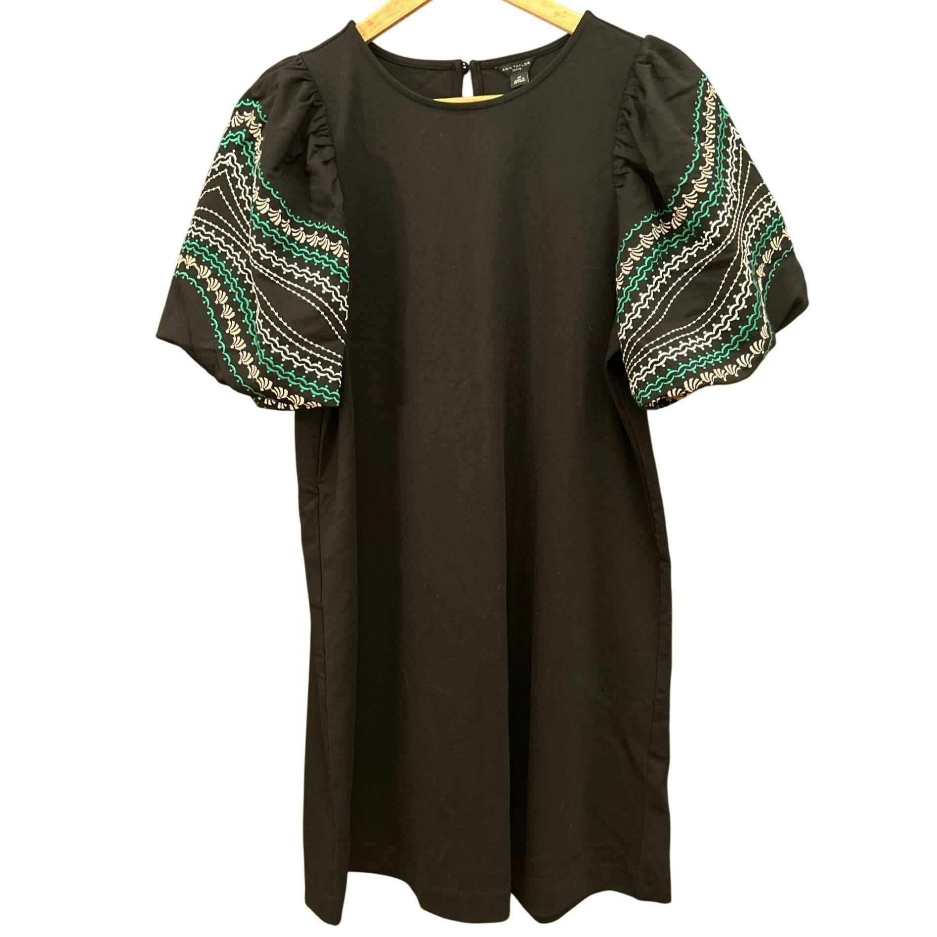 Ann Taylor Black Dress With Embroidered Sleeves M Petite Casual Relaxed NWT