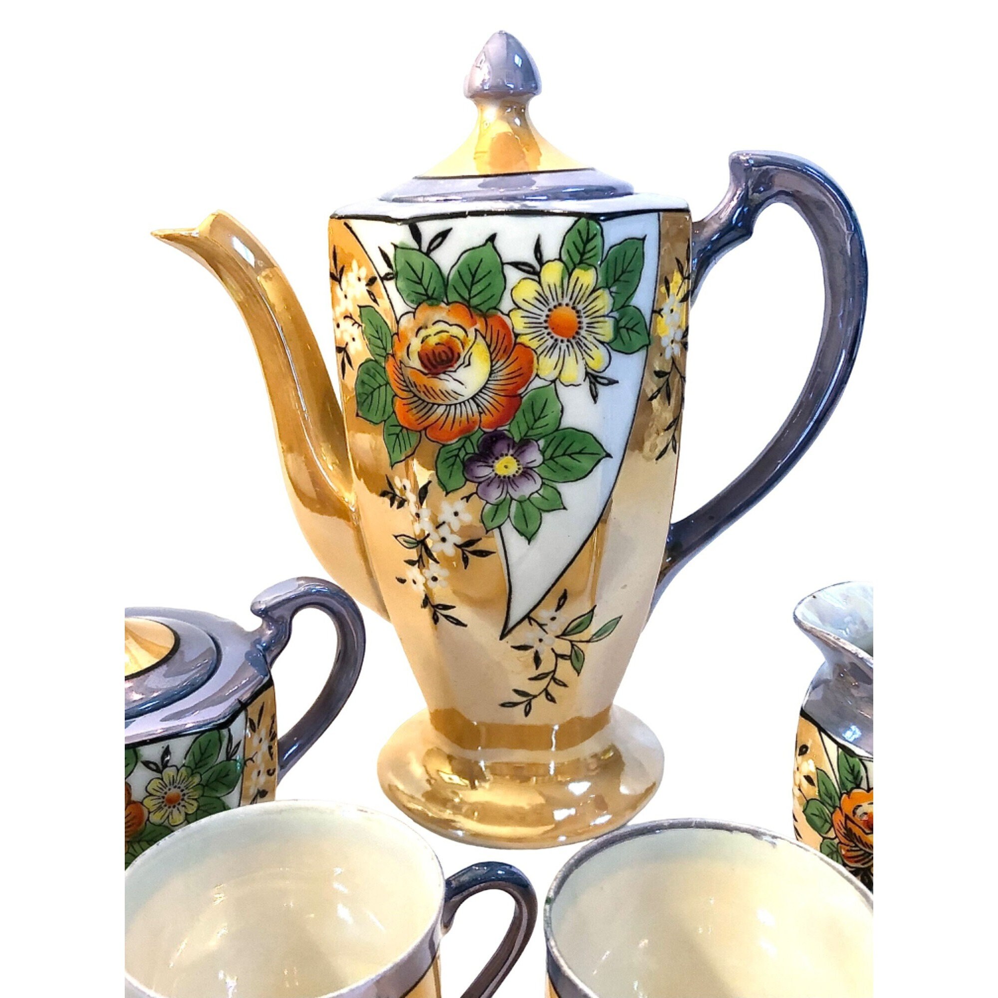 Lucerna Tea Set Vintage Peach Floral Lusterware Tea Set Teapot Creamer Sugar Teacups ...