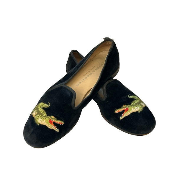 Stubbs and Wootton Women's Black Velvet Flats Size 5 1/2 Embroidered Alligator