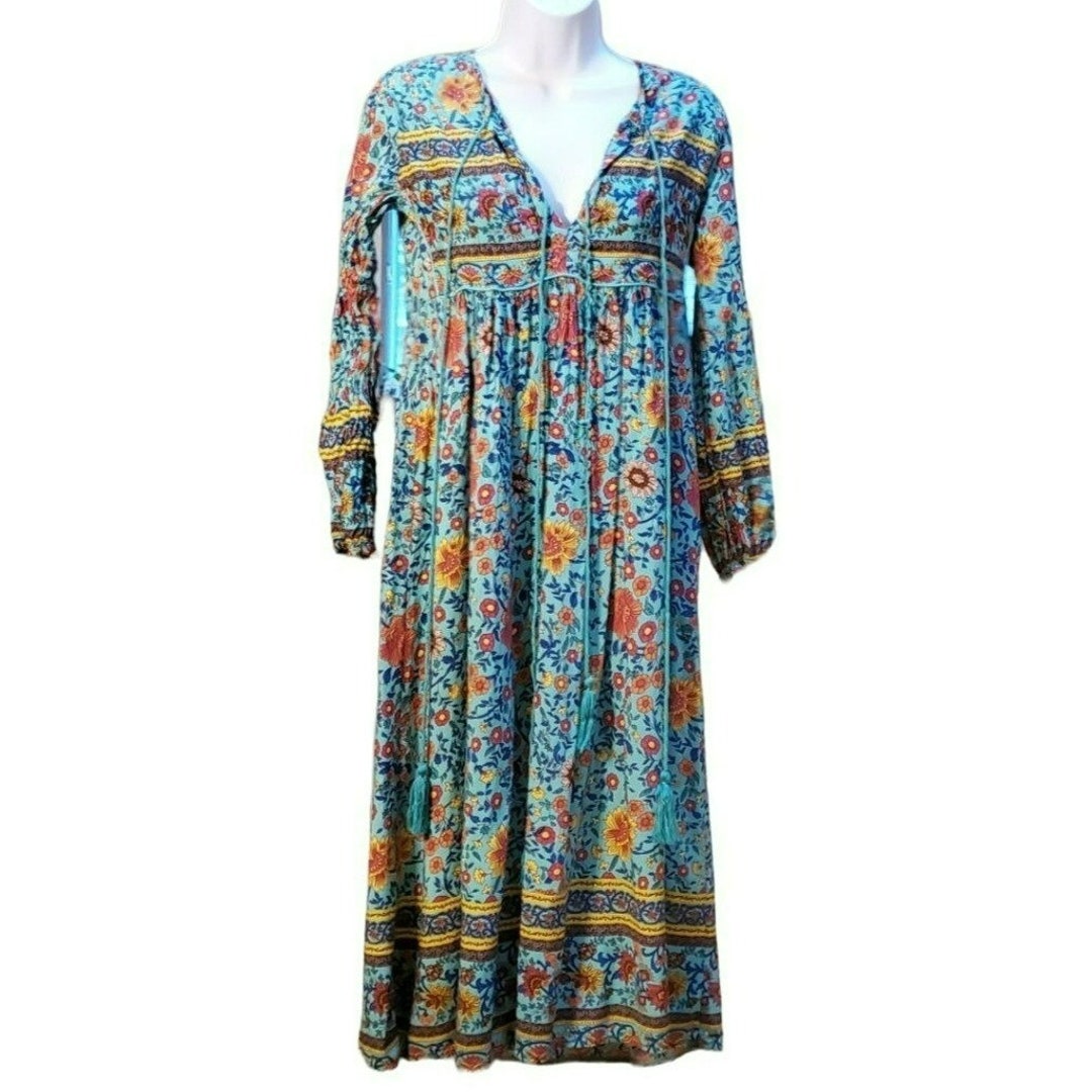 R.Vivimos Donne Estate Casual Elegante Retro Bohemian Floreale Lungo Abito a Maniche Lunghe Scollo a V Vestito Sciolto Maxi(S,Aqua