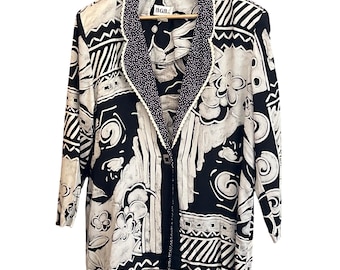 BGB LTD Veste blazer noir blanc imprimé abstrait taille 10 tenues de soirée artistique