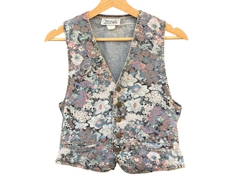 Vintage 90's Zena Denim Vest Floral Tapestry Acid Wash Cottagecore Boho Western