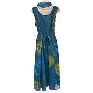 Vintage Adrianna Papell Abstract Midi Dress Whimsygoth Artistic Scarf XL Teal image 2