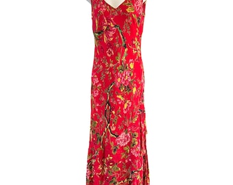 Vintage Y2K Paradise NY Red Beaded Flowy Floral Maxi Sleeveless Dress Small