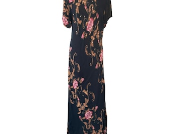 Vintage Black Pink Romantic Floral Cottagecore Maxi Dress Whimsigoth Plus Size