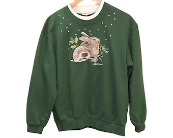 Woodland Bunny Hedgehog Sweatshirt Green Cozy Winter Cottagecore Animal Top