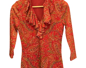 Vintage Paisley Ruffle Neck Top Boho Hippie Retro Red Blouse Eclectic Festival