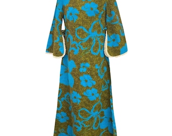 Robe hawaïenne vintage des années 70, tenue décontractée à manches cloche, coupe trapèze florale Waikiki