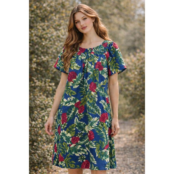 Vintage Hilo Hattie Hawaiian Aloha Pineapple Dress Blue Tropical