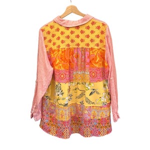Camisa de botões Soft Surroundings com patchwork boho eclético 3DA90 PXL