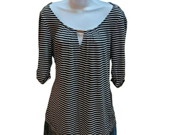 Cable & Gauge Black White Striped Embellished Scoop Neck Women's Knit Top Size Medium