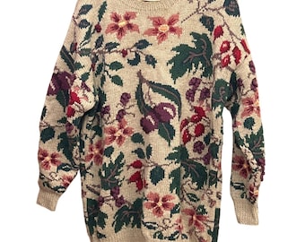 Vintage Laura Ashley Wool Floral Tapestry Sweater 80s Botanical Cottagecore