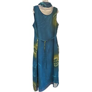 Vintage Adrianna Papell Abstract Midi Dress Whimsygoth Artistic Scarf XL Teal image 3