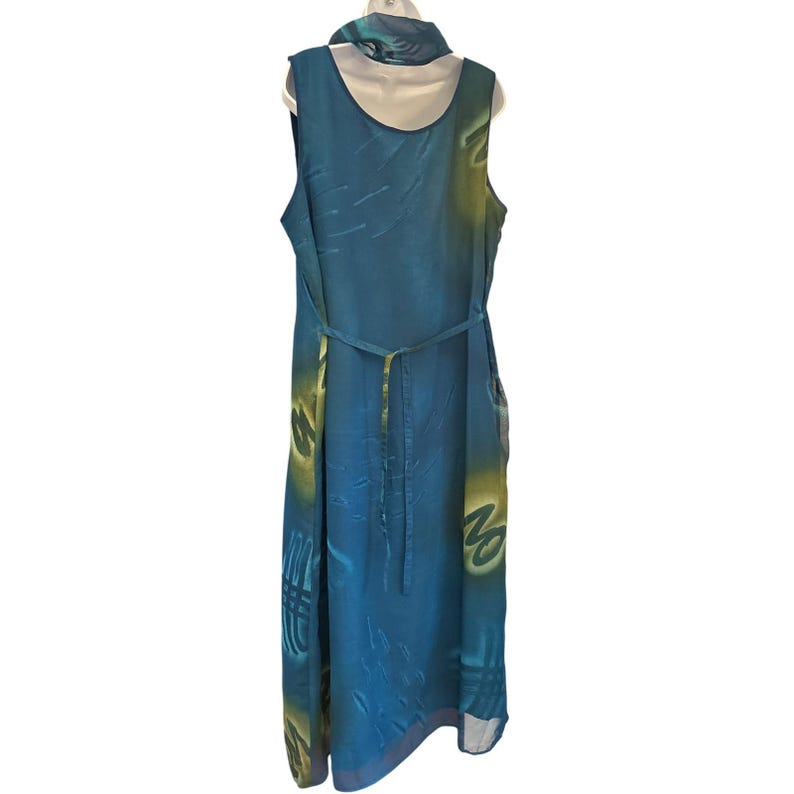 Vintage Adrianna Papell Abstract Midi Dress Whimsygoth Artistic Scarf XL Teal image 3