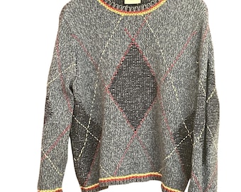 Suéter de punto azul con estampado de rombos Liz Claiborne Jeans Petite para mujer, talla L