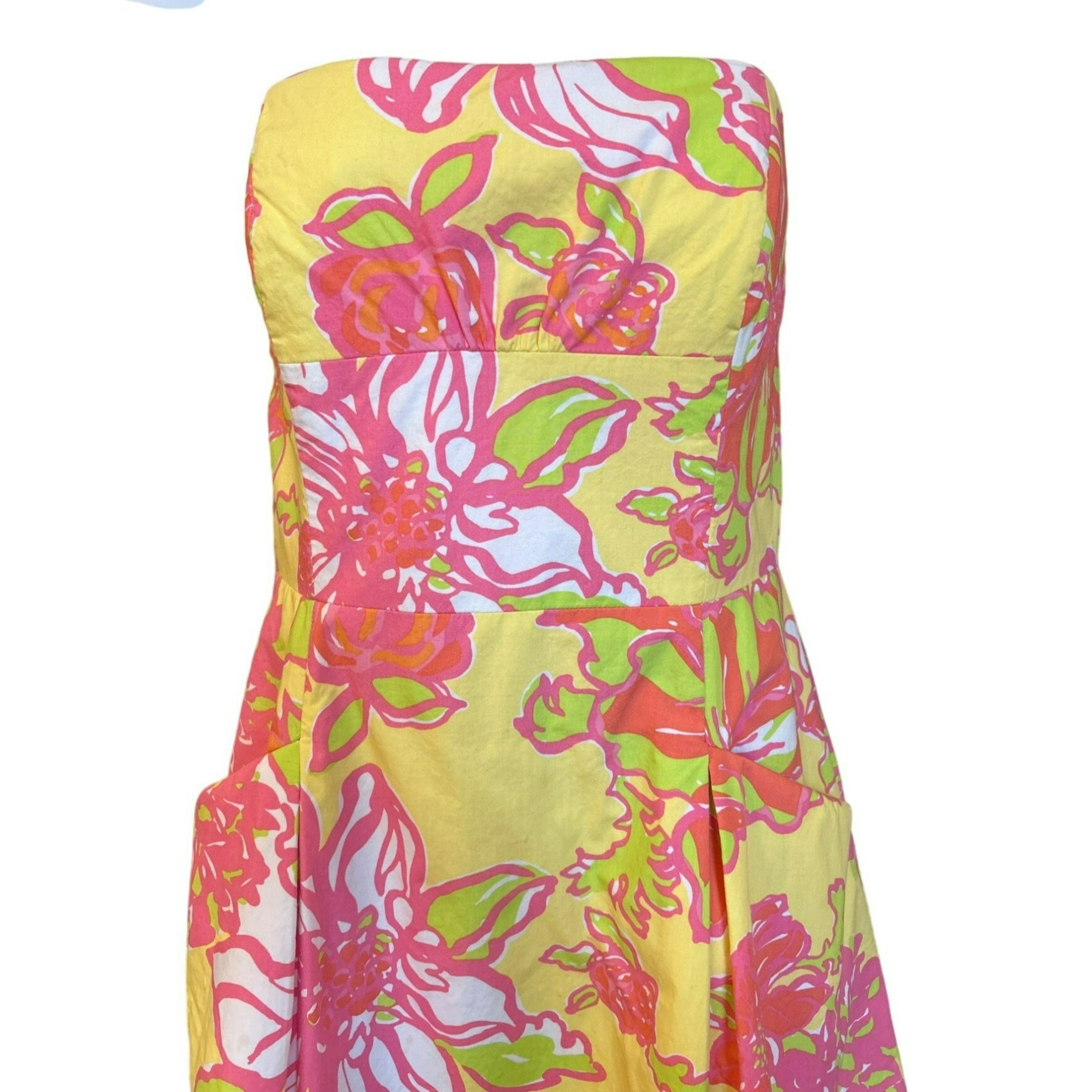 lilly pulitzer yellow strapless dress BOWN SUN PATCH HAPPIEST HOUR SIZE: 12 – WEARHOUSE CONSIGNMENT side slits ARA CHIC Women's Pale Yellow