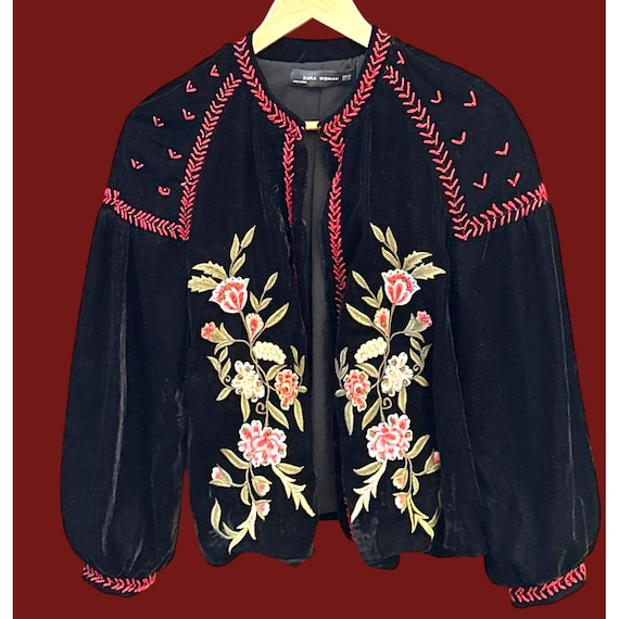 Blazer Lungo In Velluto Ricamato Floreale Per Donna – Giacca Vintage Stile Boho, Revers A Tacca, Aperta Davanti, Elegante E Romantica