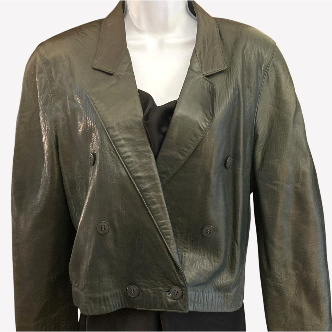 Vintage Vari Zioni Dark Green Leather Blazer Cropped Power Jacket
