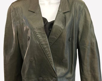 Marynarka skórzana Vintage Vari Zioni w kolorze ciemnozielonym, krótka, lata 80., rozmiar 10